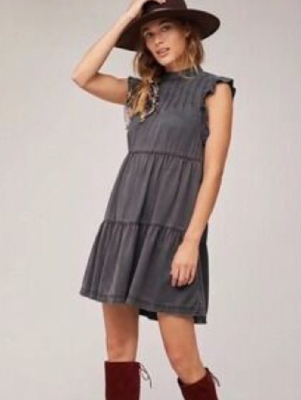 Anthropologie gray flutter sleeve tiered dress